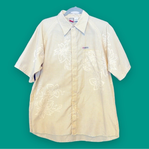 Vintage OP Yellow Polyester Plaid Short Sleeve Shirt  with Floral imprint Mens M - Picture 2 of 13